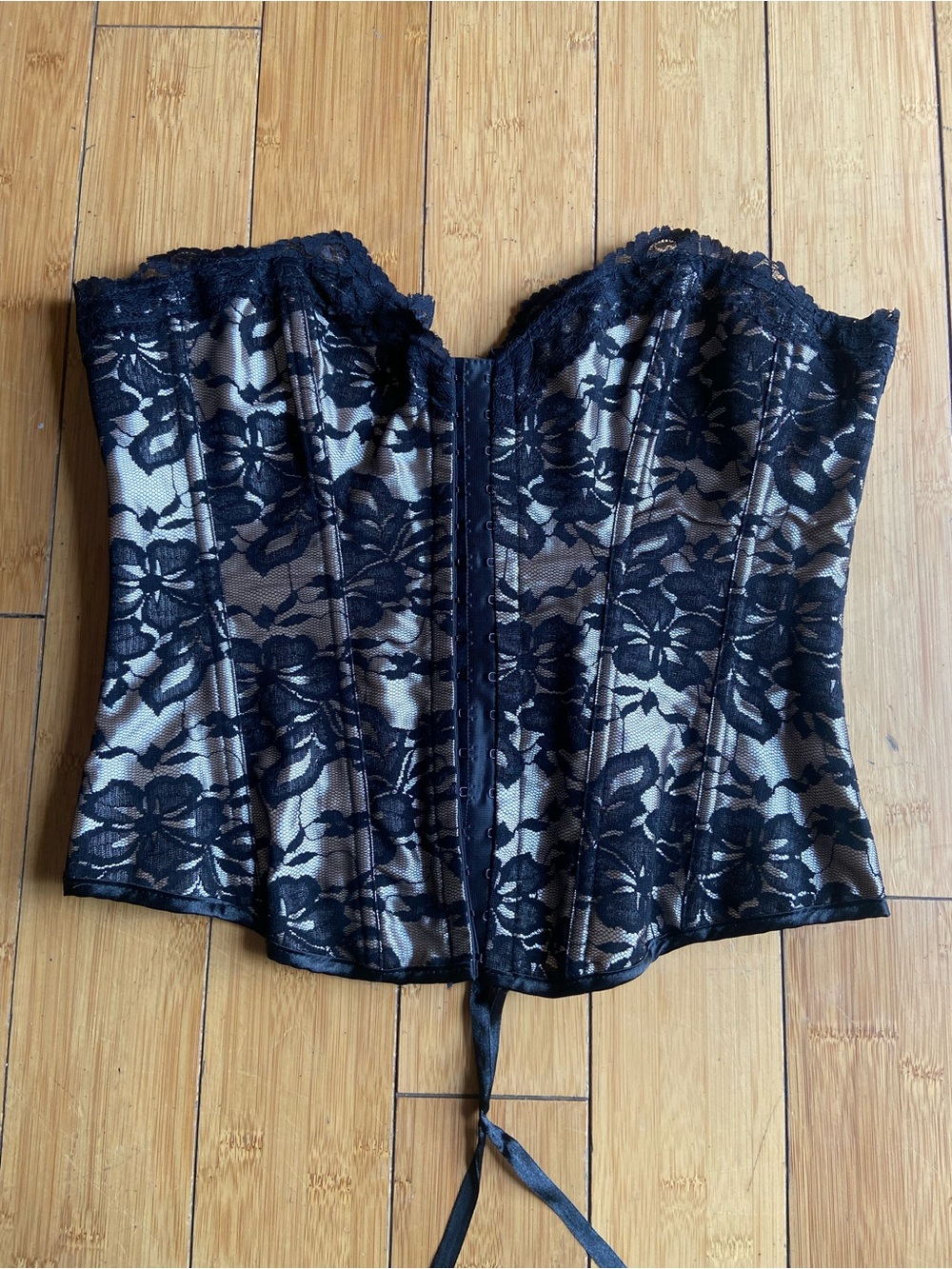 Nude Corset Bustier with Black Lace Overlay and Front Lacing